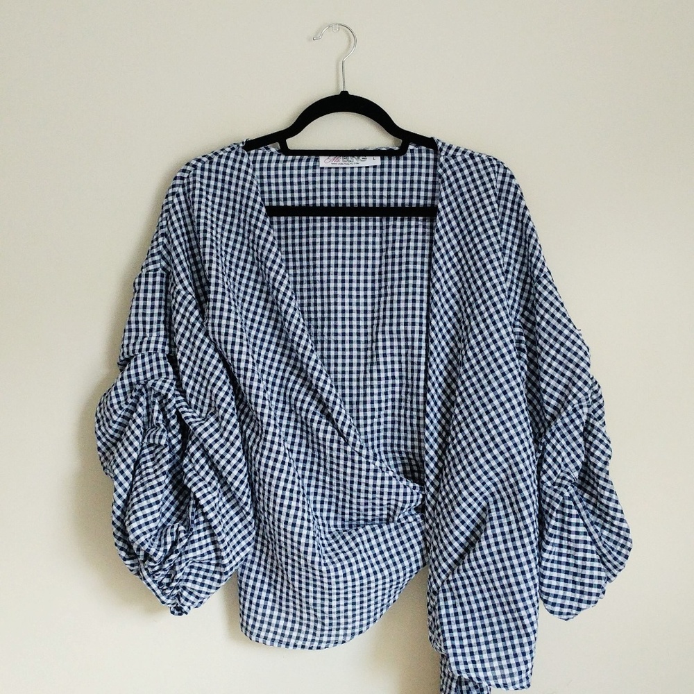 Plaid Wrap with Balloon Sleeves